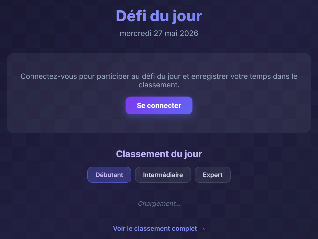 Page du défi du jour démineur avec le titre, la date du jour, le bandeau pour se connecter et le classement journalier réparti en onglets Débutant, Intermédiaire et Expert