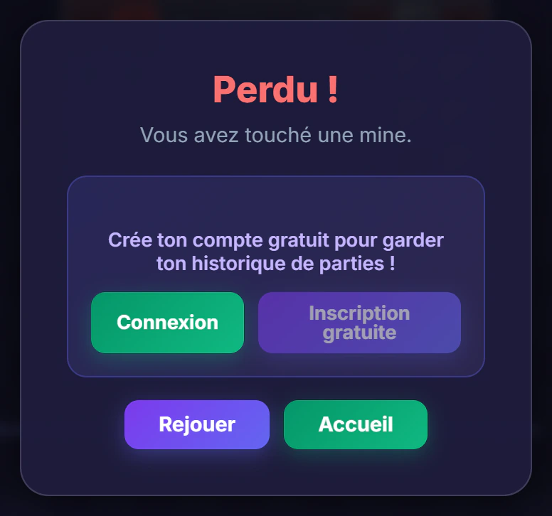 Écran de fin de partie au démineur après avoir touché une mine : message 'Perdu !' et boutons pour rejouer ou retourner à l'accueil